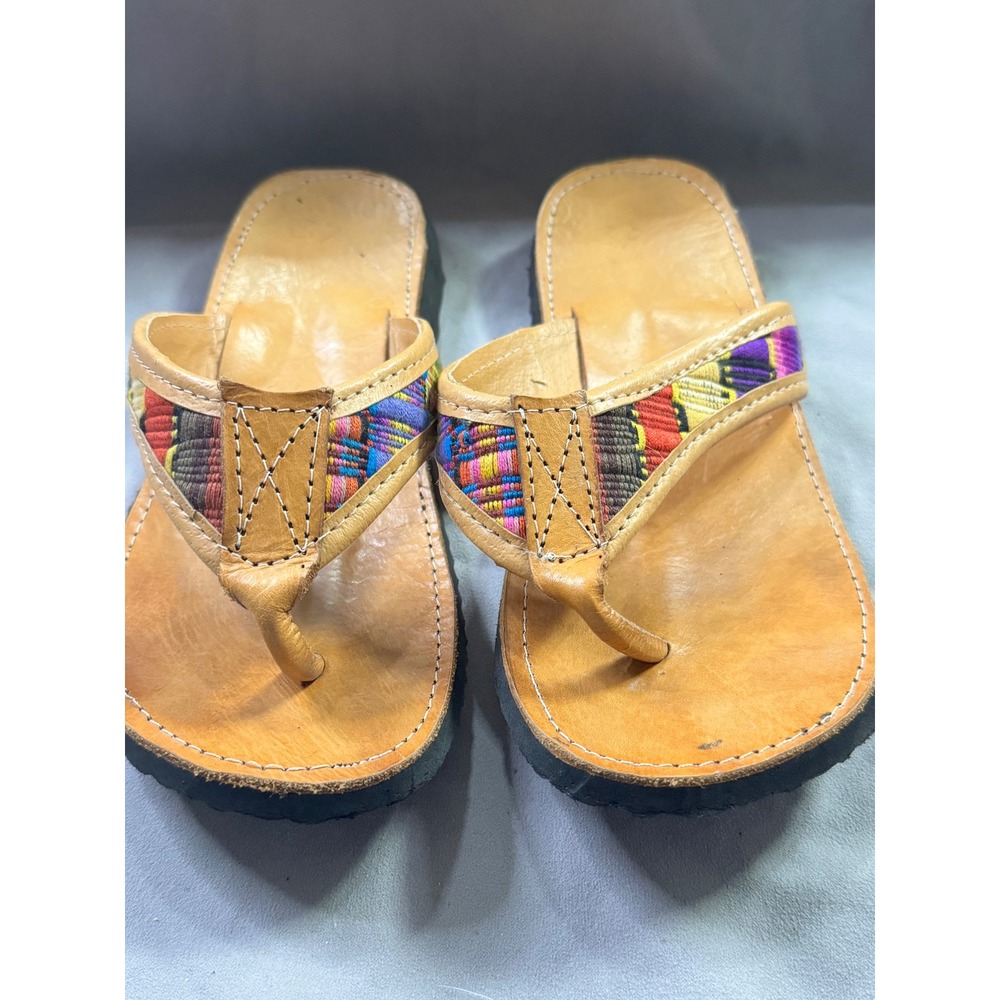 Womens Handcrafted Leather Woven Textile Thong Sandals Boho Flip Flops Tan 35